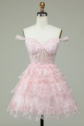 Mignon Une ligne de l’épaule Corset rose Robe de Cocktail avec dentelle